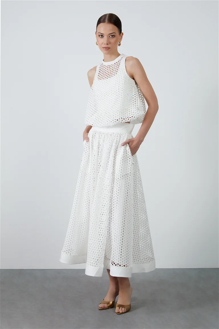 Inner Lined Mesh Ecru Skirt and Ruffled Mesh Edge Ecru Blouse