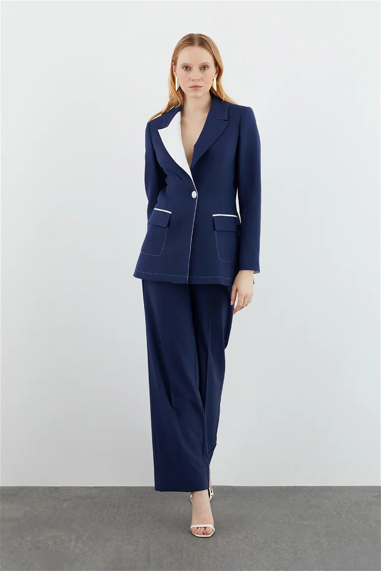 Navy Suit with Neck Detail Jacket and Palazzo Pants