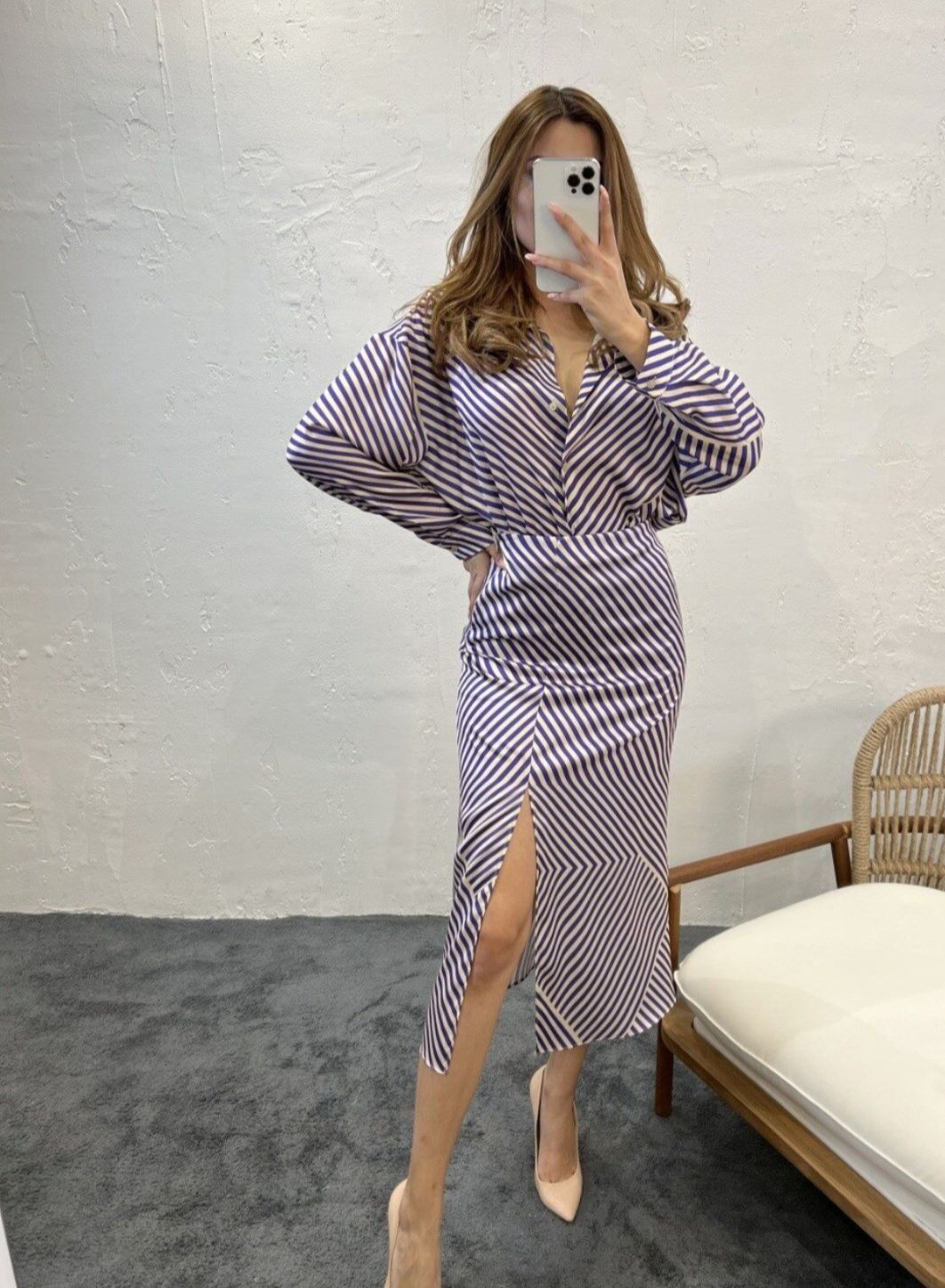 Striped Satin Set Shirt & Skirt