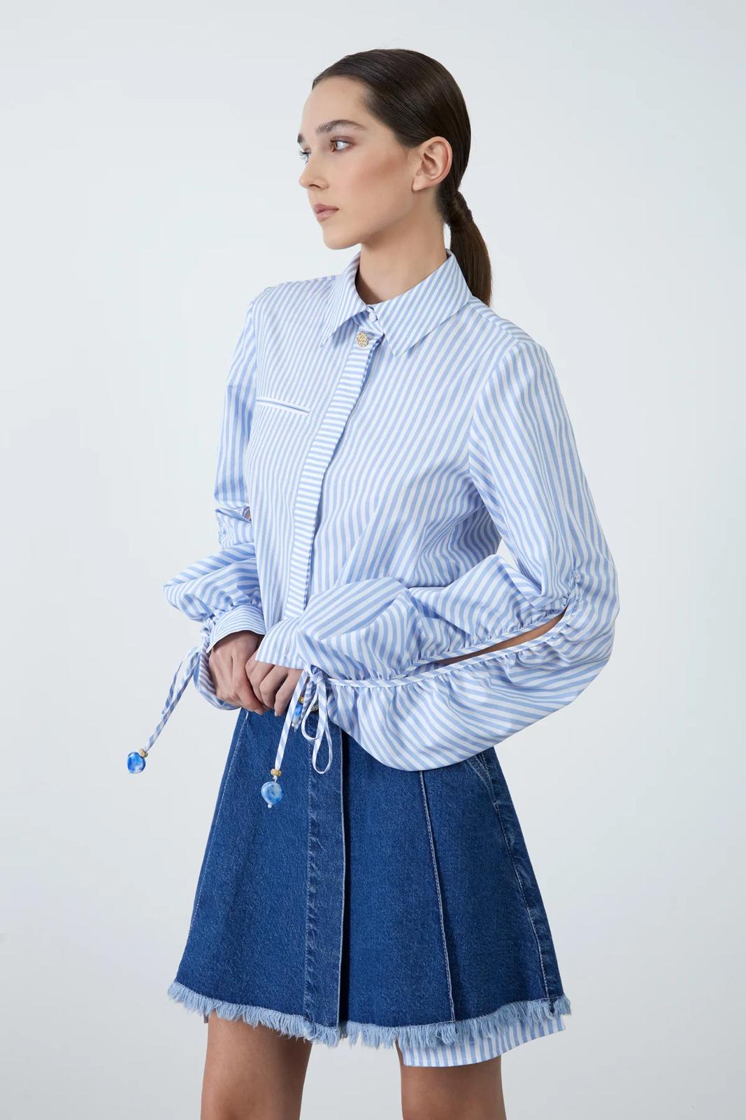 Ruffle Sleeve Detail Blue Striped Poplin Shirt