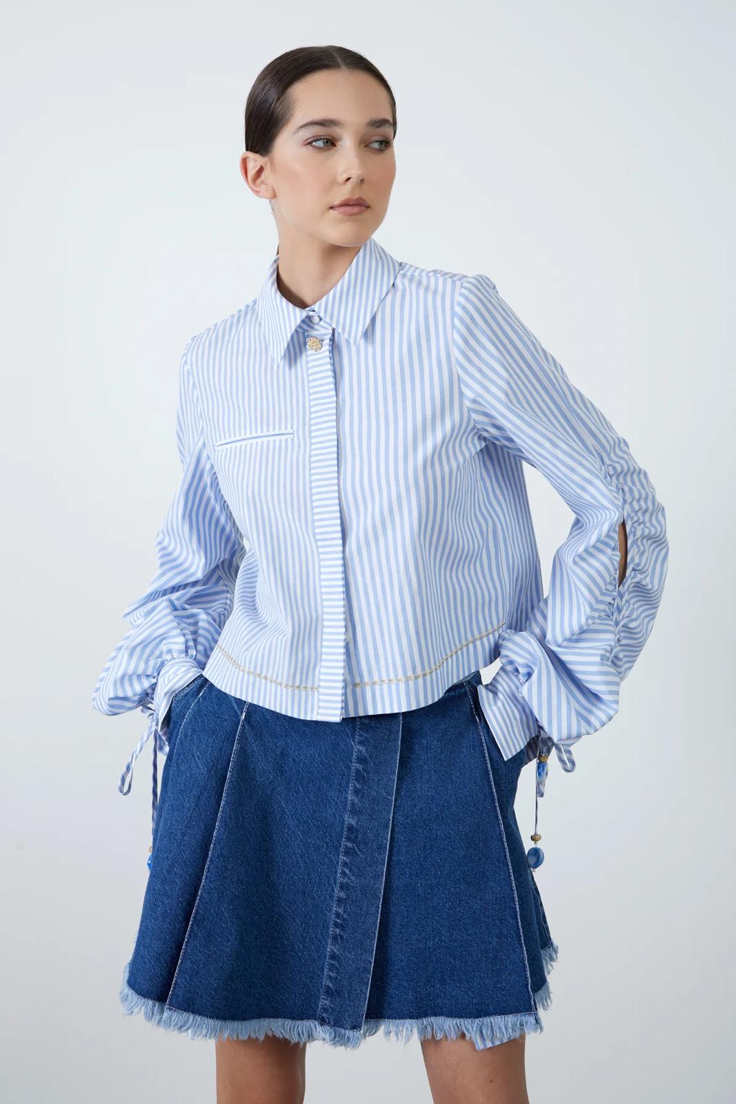 Ruffle Sleeve Detail Blue Striped Poplin Shirt